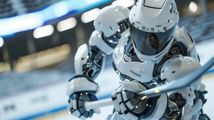 Fototapeta premium Close-up of a little robot hockey striker, mid-swing with hockey stick, dynamic stadium environment, capturing the thrill of the sport