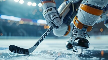 Close-up of a little robot hockey striker, mid-swing with hockey stick, dynamic stadium environment, capturing the thrill of the sport