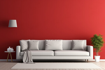 A brightly lit room with a bold red accent wall, showcasing a sleek grey sofa and a blank white frame mockup as decoration.