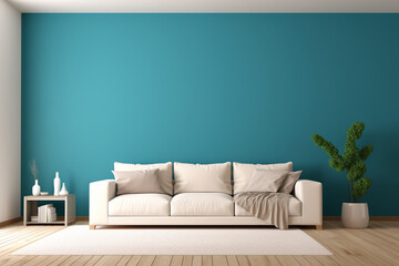 A brightly lit room with a vibrant teal accent wall, showcasing a simple beige sofa and a blank white frame mockup.