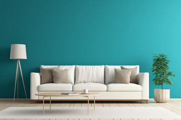 A brightly lit room with a vibrant teal accent wall, showcasing a simple beige sofa and a blank white frame mockup.
