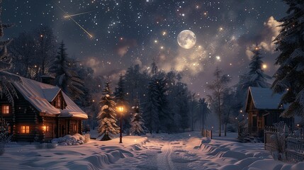 Naklejka premium Christmas lamp illuminating a snowy village street, the moon peeking through the clouds, a shooting star trailing across the night sky