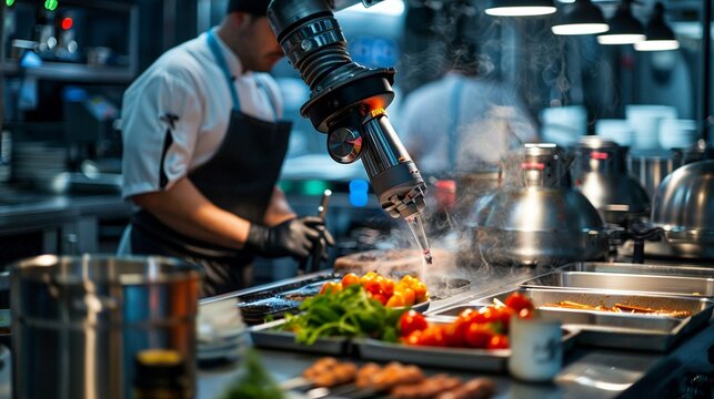 Automated robot arms cooking and preparing meals in an advanced industrial kitchen, innovative design