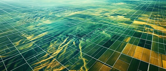 A high-resolution satellite image capturing the intricate patterns of crop growth in a precision agriculture field, where AI algorithms analyze data to optimize planting density,