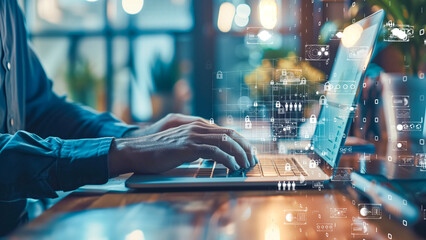 Working on a laptop with futuristic digital interfaces, in a cozy and modern office.