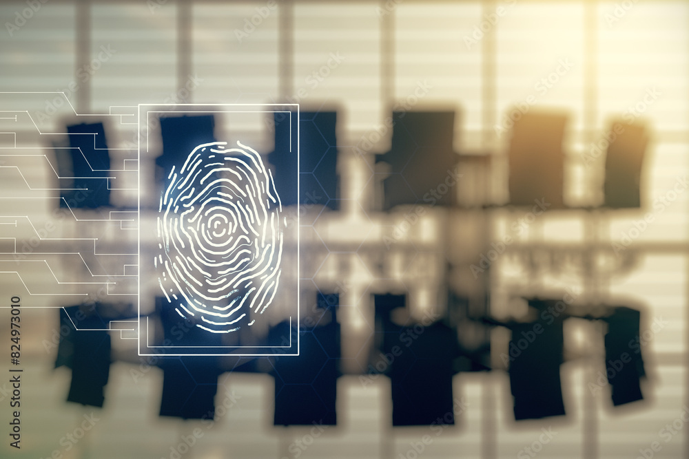 Leinwandbilder multi exposure of virtual graphic fingerprint sketch on a modern furnished classroom background, fin