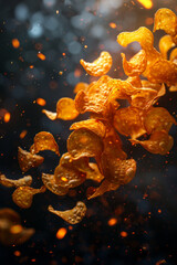 Crunchy potato chips flying on a dark background, tempting and delicious.