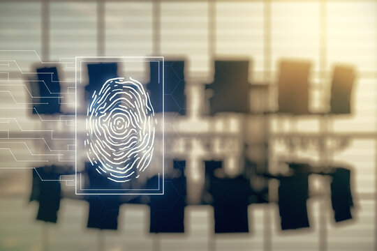 Multi exposure of virtual graphic fingerprint sketch on a modern furnished classroom background, fingerprint scan data concept
