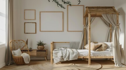 farmhouse style childrens room interior mockup with wooden furniture and framed wall art 3d render