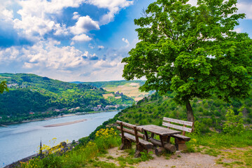 View from a hiking trail in the Rheingau Mountains near Lorchhausen down into the Rhine Valley on a sunny spring day