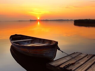 A small, wooden skiff tied to a dock at dawn