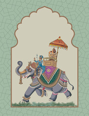 Mughal king riding elephant with garden, arch illustration