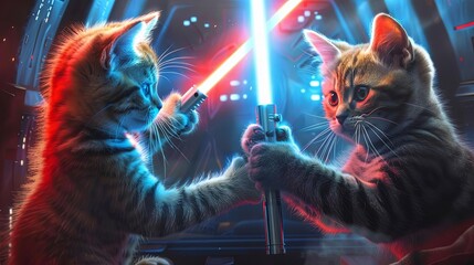 feline force jedi cats engage in thrilling lightsaber duel imaginative scifi concept ai generated art