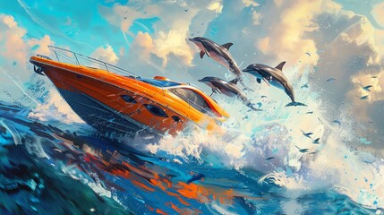 Fototapeta premium A speedboat racing alongside dolphins