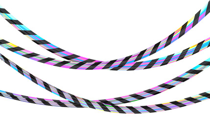 Iridescent crossed hanging warning tape with yellow and black stripes. Isolated caution ribbon.