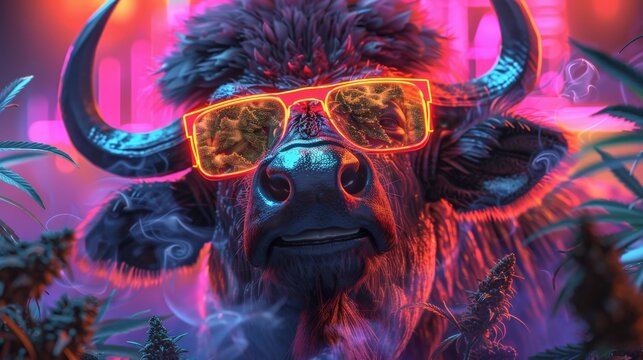 a cool bull wearing neon sunglasses in a vibrant, colorful environment, surrounded by cannabis plants and neon lights.