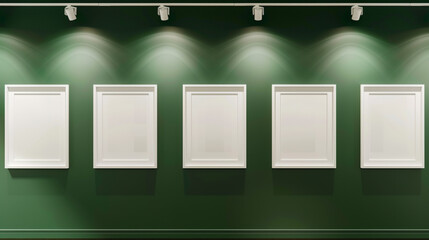 Contemporary art display with white frames against a deep green wall, each frame illuminated by a dedicated modern spotlight.