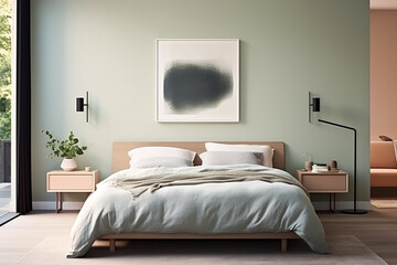 A calming bedroom boasting a pale peach wall, a minimalist navy-blue bed, and hints of sage green in the decor, offering a peaceful haven.