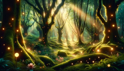 A magical scene of enchanted forests with ethereal lighting. The forest is dense with tall, ancient trees whose branches are intertwined, allowing bea