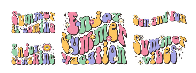 Naklejka premium Groovy summer lettering. Trendy groovy print design for poster, card, shirt. Motivation lettering phrase in trendy 70s groovy style. Collection of isolated elements of typographic design 