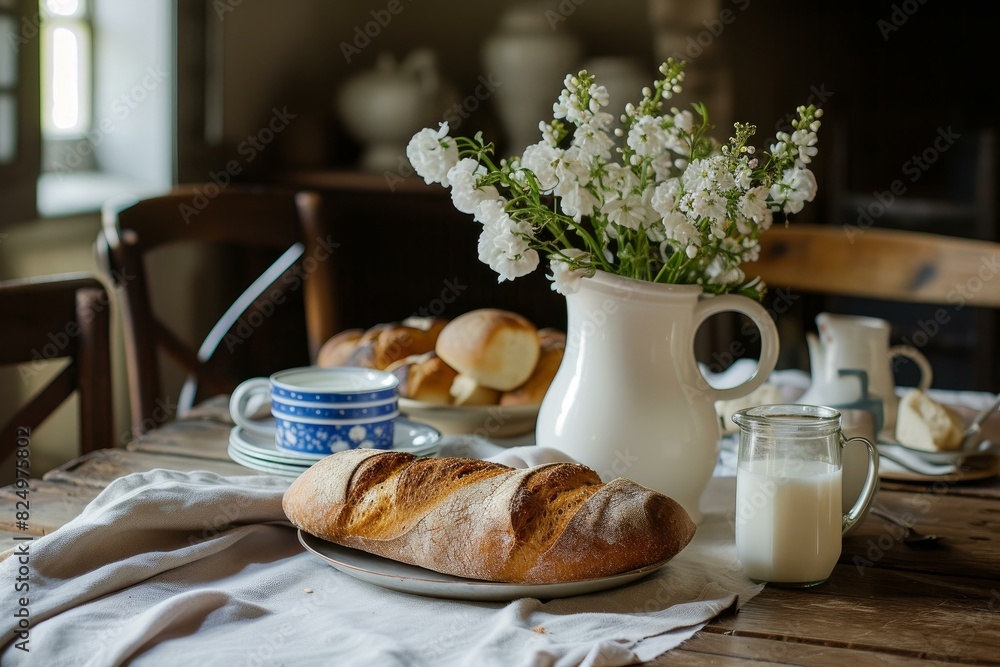 Sticker Cozy kitchen setting featuring fresh bread, milk, and a vase of white flowers