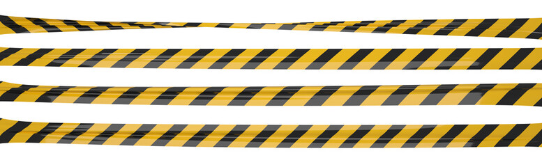 Isolated warning tape with yellow and black stripes. Stretched and twisted police ribbon set.