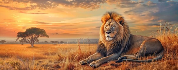 A lion is laying in the grass in a field. The sky is cloudy and the sun is setting. Majestic lion resting on a savannah landscape - Powered by Adobe