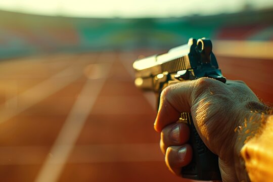 Precise shooting moment  pentathlete s hand ready in modern pentathlon event at summer olympics