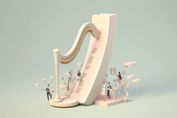 A delicate harp surrounded by a symphony orchestra 3d