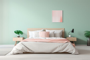 A calming bedroom boasting a seafoam-green wall, a minimalist white bed, and a vibrant pink throw, creating a tranquil atmosphere.