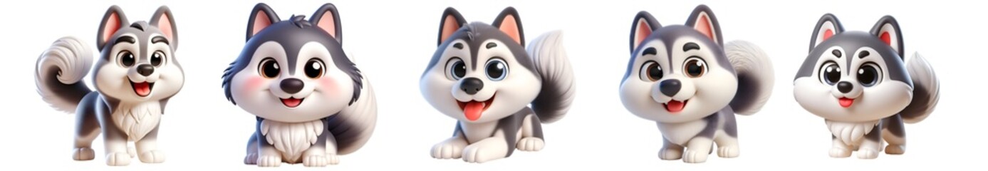 3D rendered illustration of a Siberian Husky on a white and transparent background, focusing on a cute, 3D, and cartoon