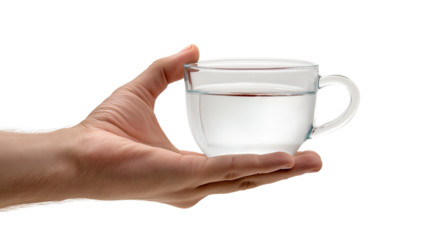 hand offering clear water glass isolated on white