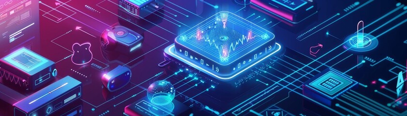 Closeup of abstract blue computer motherboard with lots of light spots, representing technology and electronics industry