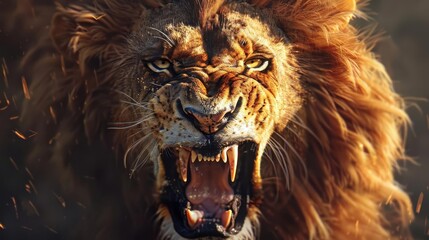 Naklejka premium fierce male lion with flowing mane baring sharp teeth in aggressive roar intense yellow eyes dramatic closeup wildlife portrait digital painting