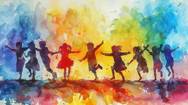 Vibrant watercolor scene of children dancing with joy and freedom.