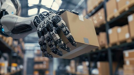 Close-up of a robotic arm's intricate mechanisms as it holds a cardboard box, modern warehouse setting, showcasing future technology efficiency