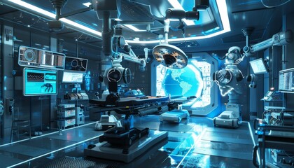 Advanced Technology in Healthcare: Futuristic Hospital with AI Robots Revolutionizing Surgery and Patient Care