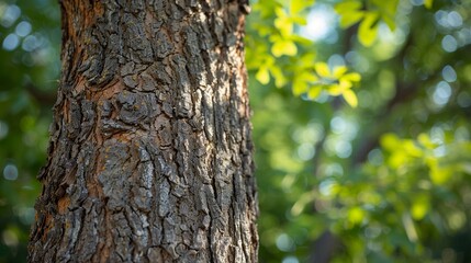 Obraz premium Close-up of a single tree with intricate bark texture, surrounded by dense foliage, vibrant greens