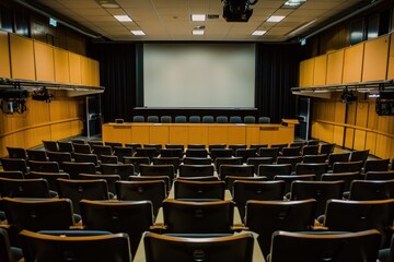 Modern lecture hall with empty chairs and a projector screen