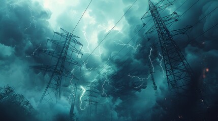 Close-up of innovative power towers, storm clouds creating a dramatic scene, detailed future tech