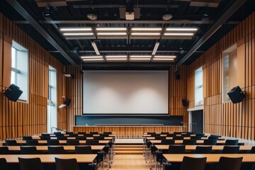 Modern lecture hall with empty chairs and a projector screen