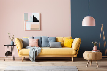 A calming bedroom featuring a pastel-pink wall, a simple navy-blue sofa, and hints of mustard yellow in the decor, offering a peaceful haven.