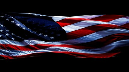 Detailed close-up of the American wave flag, isolated black background, studio lighting emphasizing the flag's folds and colors