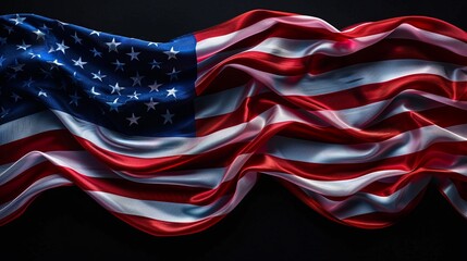Detailed close-up of the American wave flag, isolated black background, studio lighting emphasizing the flag's folds and colors