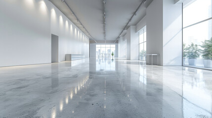Spacious showroom with white walls and polished floors for display