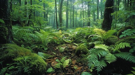 Detailed image of forest undergrowth, highlighting a variety of plant species and rich soil