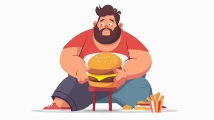 Illustration of a fat man with fast food. Obesity. Overweight man.