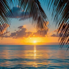 serenade sunset sunrise view  through palm in front of calm ocean