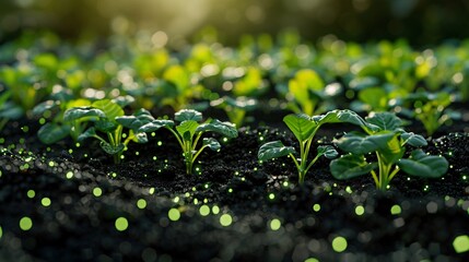 Closeup of young green plants growing in rich dark soil with sunlight. Ideal for agriculture, growth, nature, and farming concepts.