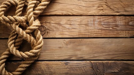 Obraz premium Riding rope on a wooden background with copy space for text or design, framed like a cowboy rope border.